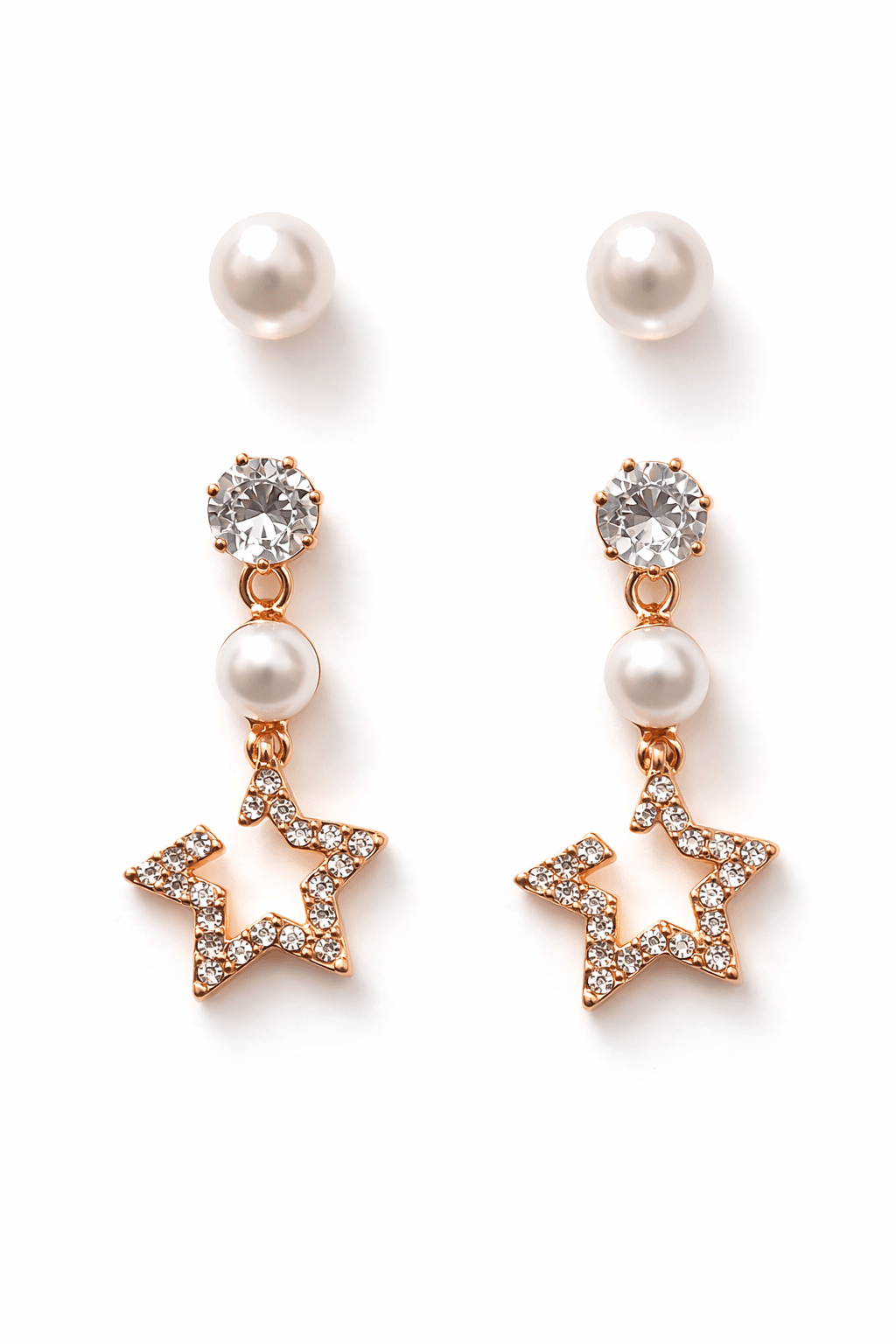 Rose Gold Pearl Star Drop Earrings for Women | Crystal Stud Cute Party Wear Jewellery